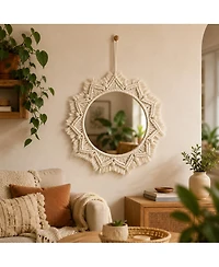 Phying Boho Macrame Round Mirror Handmade Woven Wall Hanging Ornament for Home Apartment Bedroom Living Room Decor