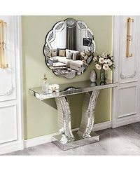 Phying Modern Wave Frame Round Wall Mirror 31.5 Inch Crush Diamond Decorative Mirror Heavy Duty Frame with Hangers for Living Room Bathroom Bedroom