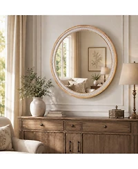 Phying 30 Inch Solid Wood Round Wall Mirror Farmhouse Boho Shabby Chic Decorative Vanity Mirror for Bathroom Living Room Entryway