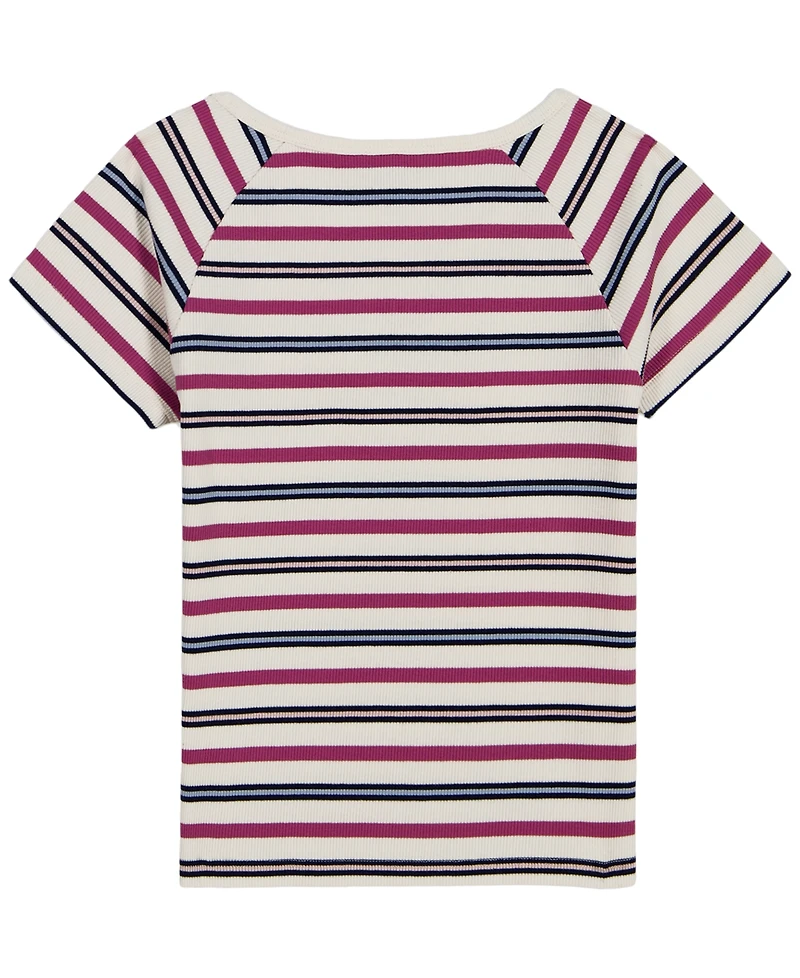 Tommy Hilfiger Girls' 7-16 Striped Ribbed V-Neck Short-Sleeve Top