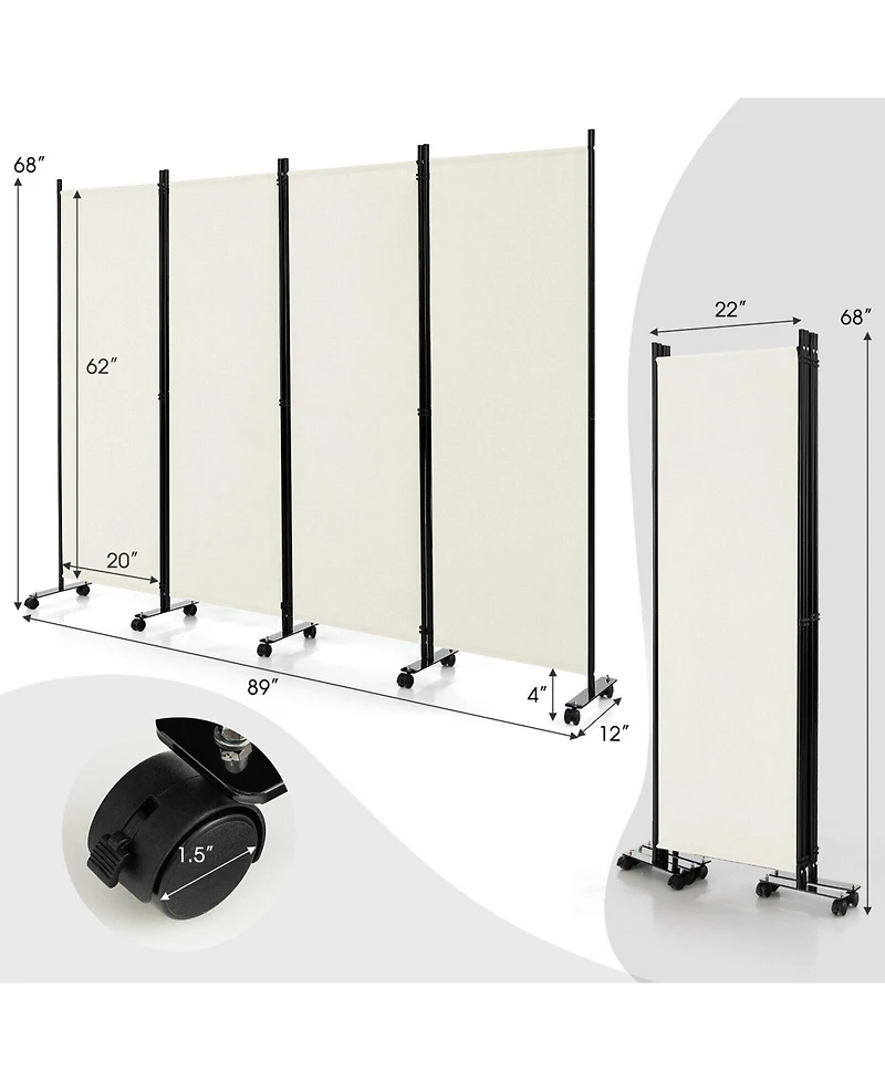 sumyeg 4-Panel Folding Room Divider Privacy Screen with Lockable Wheels for Indoor Use