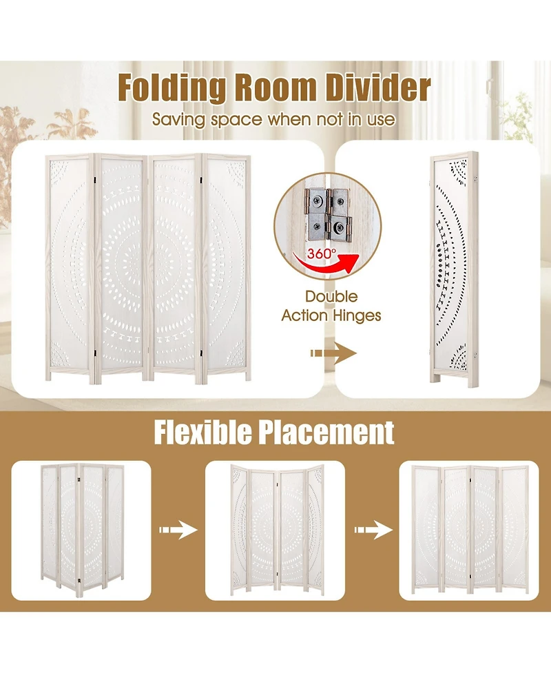 sumyeg 66-Inch Boho 4-Panel Room Divider Privacy Screen with Carved Pattern Design