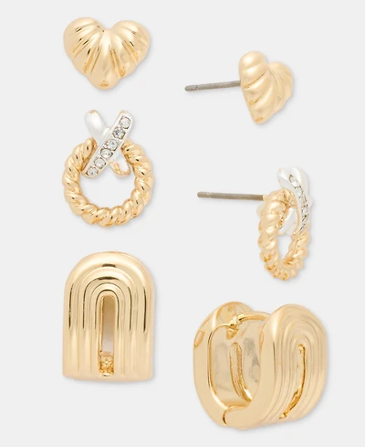 Anne Klein Fluted Heart, Crisscross Wreath & Textured Earrings, 3-Piece Set