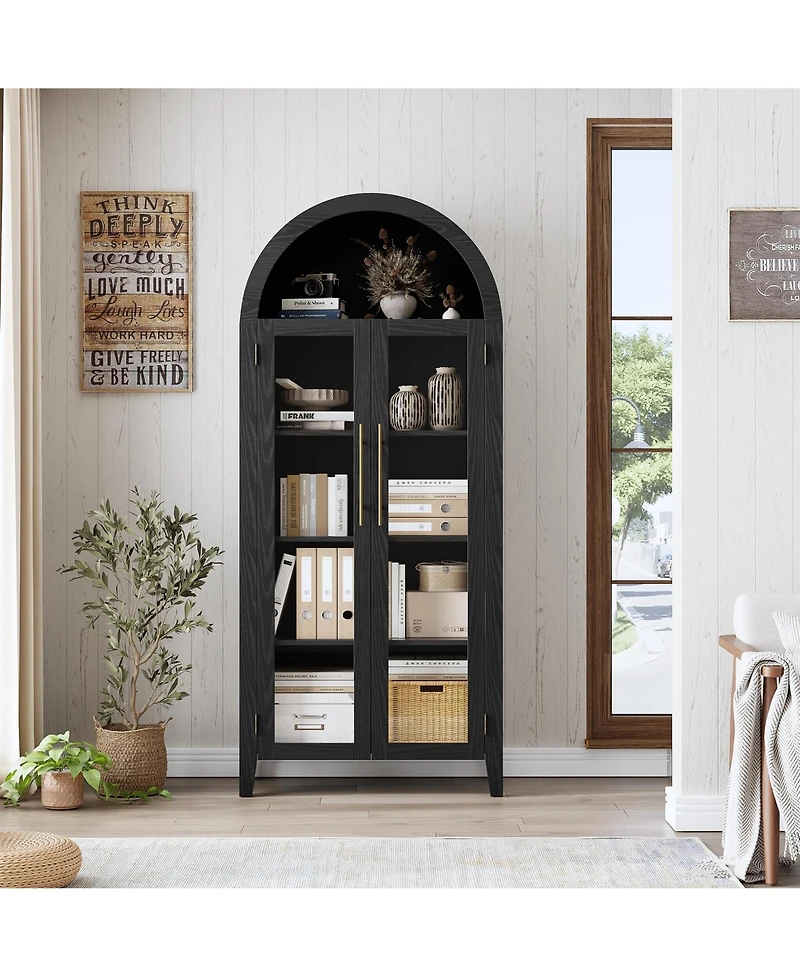 homfan Farmhouse 5-Tier Arched Pantry Cabinet, Display Shelf with Two Glass Doors and Adjustable Shelving, Multi-use Cupboard for Kitchen