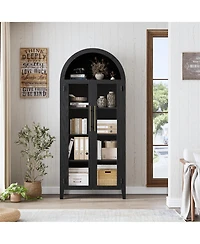 homfan Farmhouse 5-Tier Arched Pantry Cabinet, Display Shelf with Two Glass Doors and Adjustable Shelving, Multi-use Cupboard for Kitchen