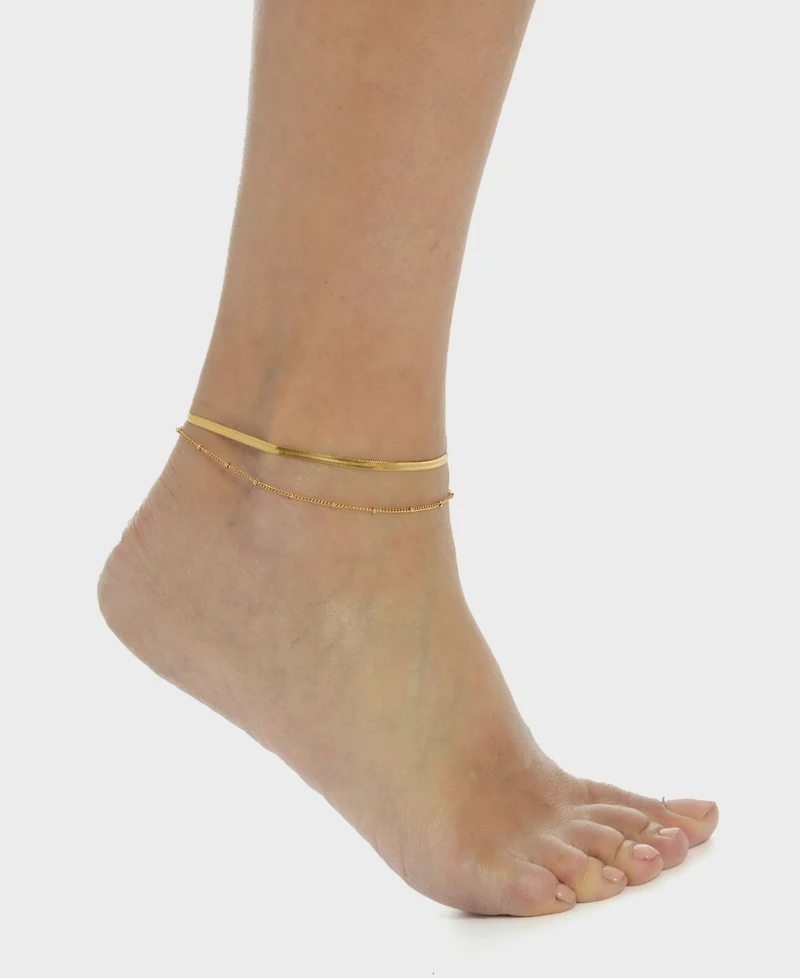 St. Moran Tarnish-Resistant Silver Heringbone and Cable Chain Stefanie Anklet Set