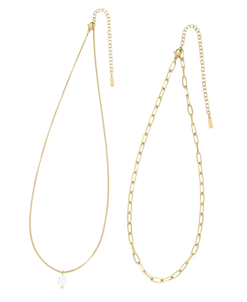 St. Moran Tarnish-Resistant Gold Set of 2 Natural Imitation Pearl and Paperclip Chain Lea Necklace Set