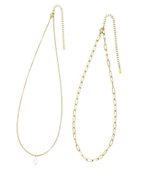 St. Moran Tarnish-Resistant Gold Set of 2 Natural Imitation Pearl and Paperclip Chain Lea Necklace Set