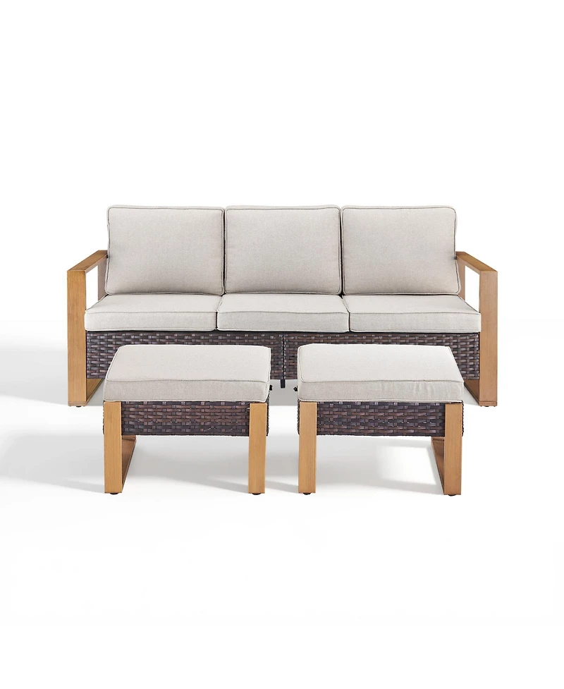 Pocassy 3 Pieces Patio Sofa with Ottomans, All-Weather Pe Rattan Wicker Small Conversation Couch Cushion