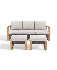 Pocassy 3 Pieces Patio Sofa with Ottomans, All-Weather Pe Rattan Wicker Small Conversation Couch Cushion
