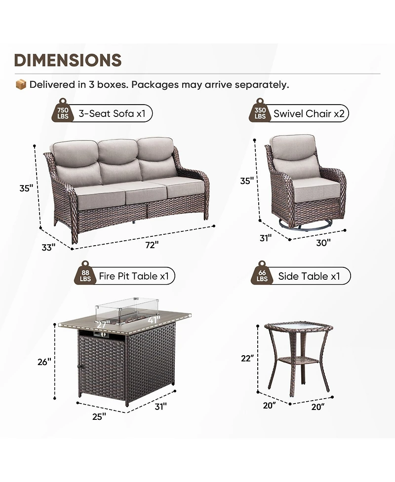 Pocassy 5 Pieces Patio Furniture Set with Fire Pit, Outdoor Wicker Sofa Couch Swivel Chair, Cushion, High Back All Weather Conversation