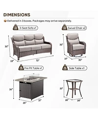 Pocassy 5 Pieces Patio Furniture Set with Fire Pit, Outdoor Wicker Sofa Couch Swivel Chair, Cushion, High Back All Weather Conversation