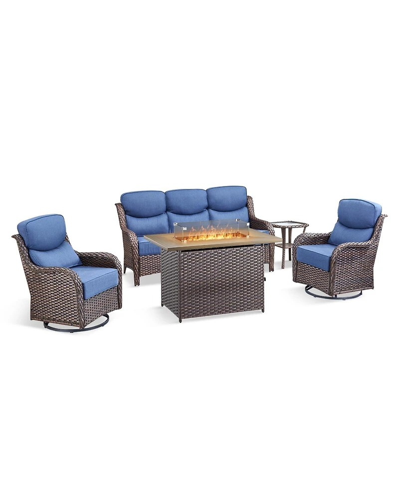 Pocassy 5 Pieces Patio Furniture Set with Fire Pit, Outdoor Wicker Sofa Couch Swivel Chair, Cushion, High Back All Weather Conversation