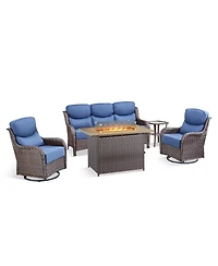 Pocassy 5 Pieces Patio Furniture Set with Fire Pit, Outdoor Wicker Sofa Couch Swivel Chair, Cushion, High Back All Weather Conversation