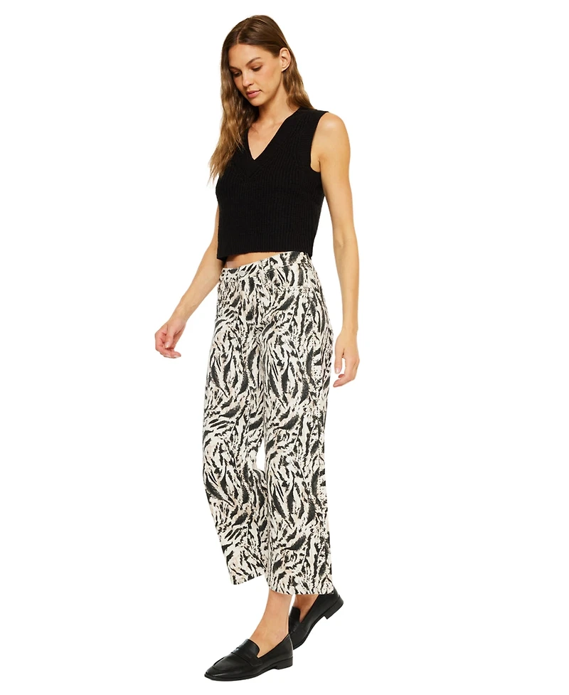 KanCan Women's Alonso Mid Rise Printed Crop Wide-Leg Jeans