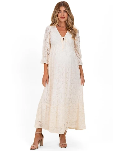Pinkblush Maternity Ivory Floral Lace 3/4 Ruffle Sleeve V-Neck Maxi Dress
