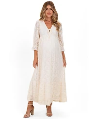 Pinkblush Maternity Ivory Floral Lace 3/4 Ruffle Sleeve V-Neck Maxi Dress