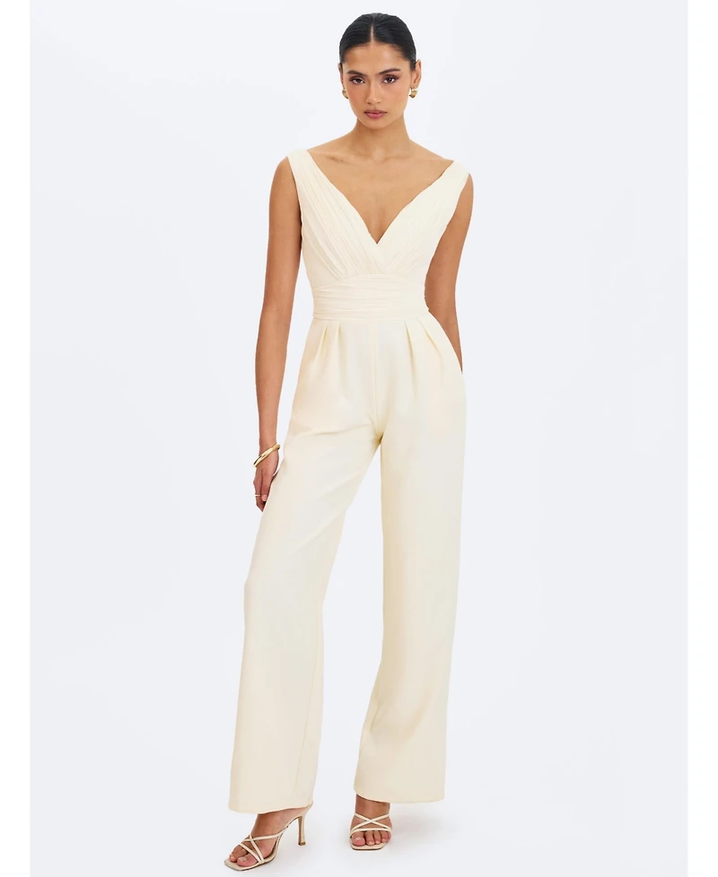 Miss Circle Women's Harper Ivory Ruched V-Neck Jumpsuit with Scarf
