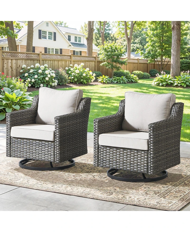 Pocassy Swivel Patio Wicker Chairs Set of 2, High Back Outdoor Rattan with 4" Thick Cushions for Bistro Balcony Porch Deck Yard