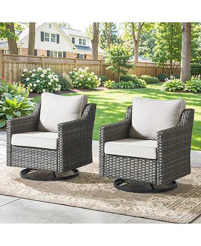 Pocassy Swivel Patio Wicker Chairs Set of 2, High Back Outdoor Rattan with 4" Thick Cushions for Bistro Balcony Porch Deck Yard