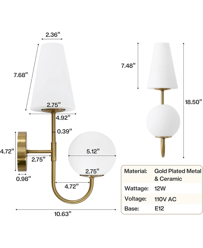 Tribesigns Double-Headed Wall Sconce, Elegant Wall Lamp with Milky Glass Shade, Metal Wall Light Fixtures