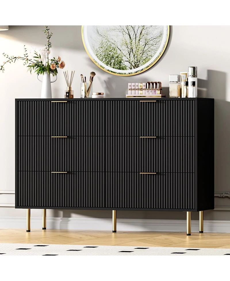 homfan Fluted Wood Dresser 6 Drawers for Bedroom, Large Modern Chest of Drawers, with Faux Marble Top and Handle