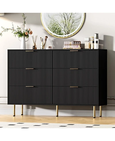 homfan Fluted Wood Dresser 6 Drawers for Bedroom, Large Modern Chest of Drawers, with Faux Marble Top and Handle