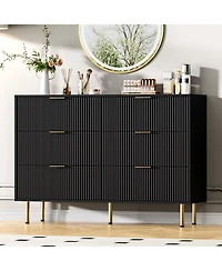 homfan Fluted Wood Dresser 6 Drawers for Bedroom, Large Modern Chest of Drawers, with Faux Marble Top and Handle