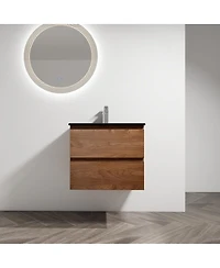 Sillysis 24 Inch Wall Mounted Bathroom Vanity with Ceramic Sink, Soft Close Drawers, Wood Grain Plywood for Modern Bathrooms