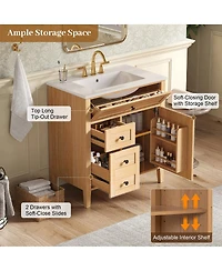 Sillysis 30 Inch Bathroom Vanity with Ceramic Sink, Rustic Wood Grain Cabinet, Soft Close Drawers, Adjustable Storage for Modern Bathrooms