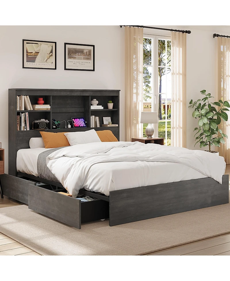 homfan 51" Tall Storage Headboard Bed Frame – Wood Platform with 4 Drawers, Built-in Charging Station, Metal Frame, Noise-Free, Farmhouse Style