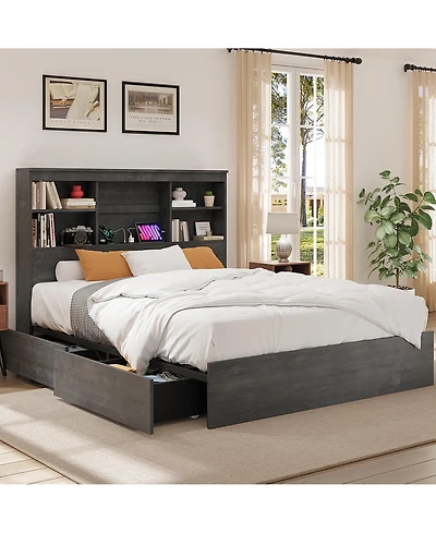 homfan 51" Tall Storage Headboard Bed Frame – Wood Platform with 4 Drawers, Built-in Charging Station, Metal Frame, Noise-Free, Farmhouse Style