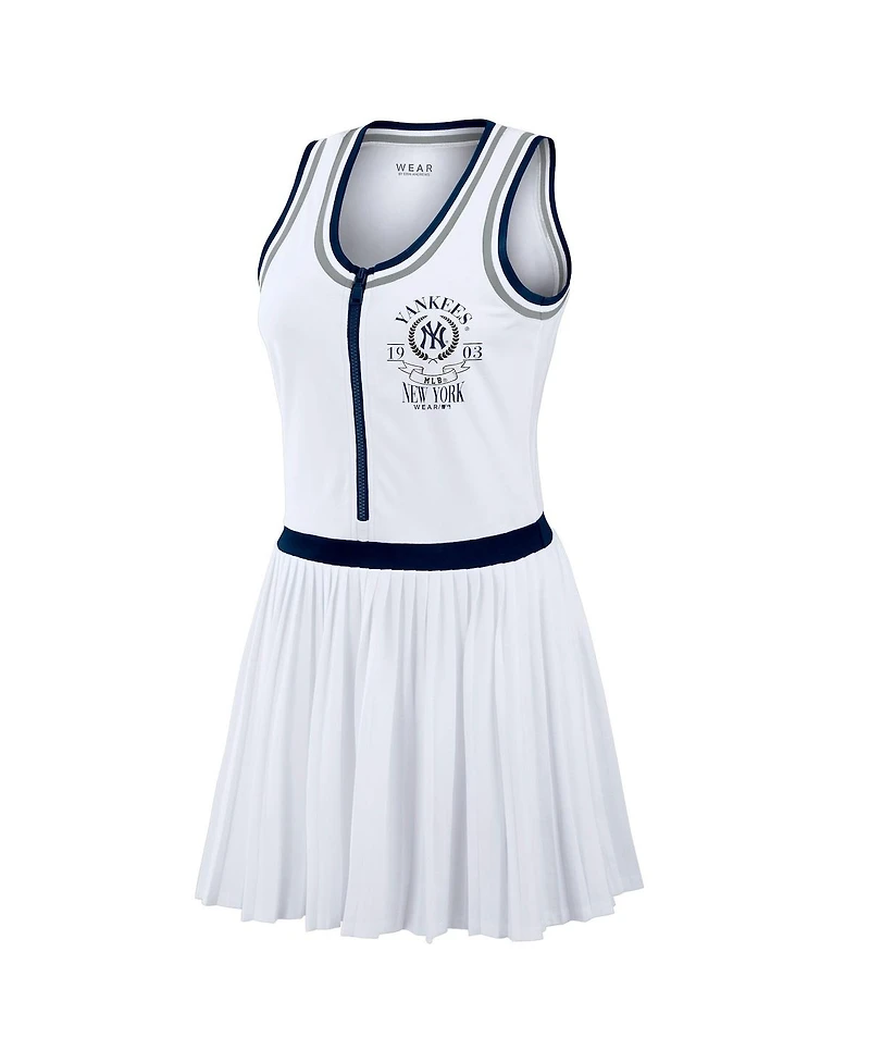Wear by Erin Andrews Women's White New York Yankees Zip-Front Pleated Tri-Blend Scoop Neck Tank Dress