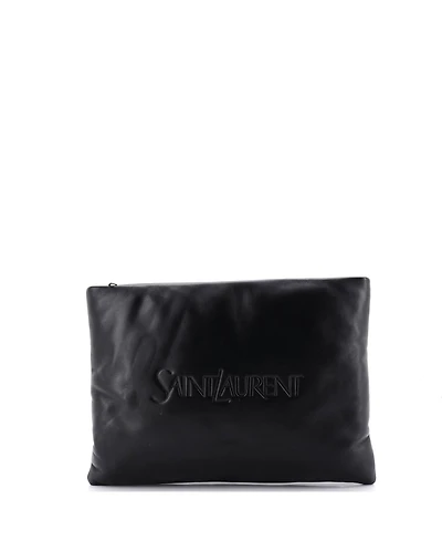 Pre-Owned Saint Laurent Large Logo Puffy Pouch Embossed Leather