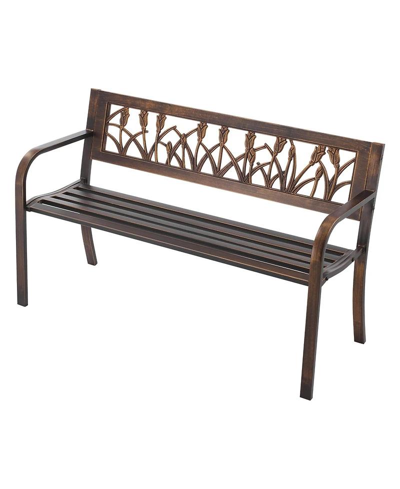 flynama 50" Antique Bronze Outdoor Metal Bench with Pvc Floral Backrest