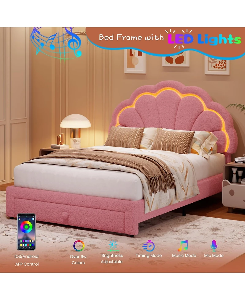 gaomon Upholstered Led Bed Frame with Storage Drawer and Adjustable Chic Headboard, Berber Fleece Princess Platform Bed for Kids