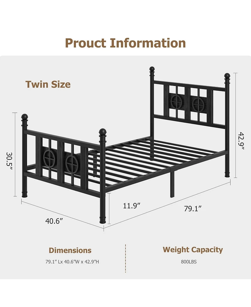 homfan Durable Metal Platform Bed Frame with Retro Circular Design, Headboard and Footboard Included, Underbed Storage Space