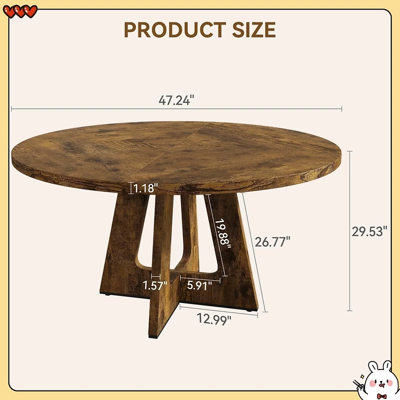 gaomon 47 Inch Round Farmhouse Dining Table Solid Pedestal Base Wooden Dinner Table For Four Family Members