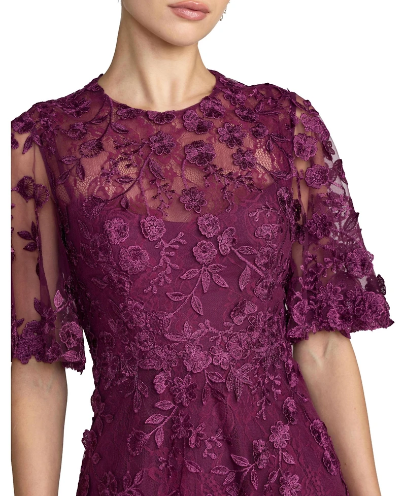 Mac Duggal Petite Flutter Sleeve Embroidered Midi Dress