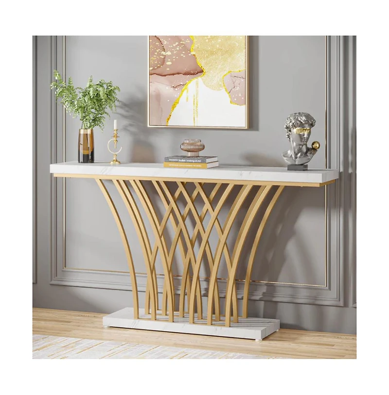 Slickblue Entryway Console Table with Faux Marble Top and Geometric Metal Base Design