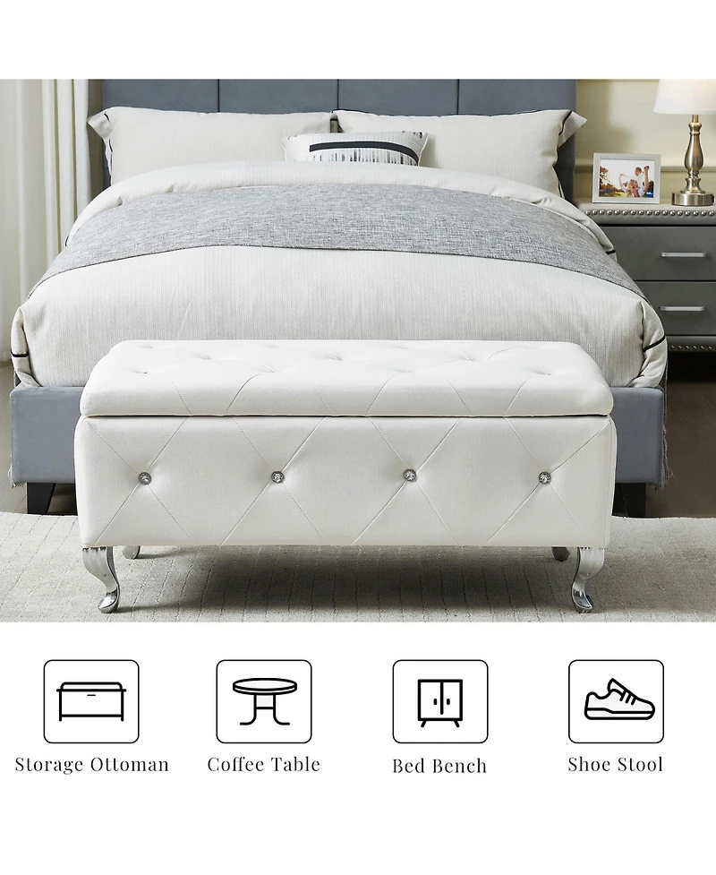 Flynama Faux Leather Storage Ottoman Bench with Crystal Buttons