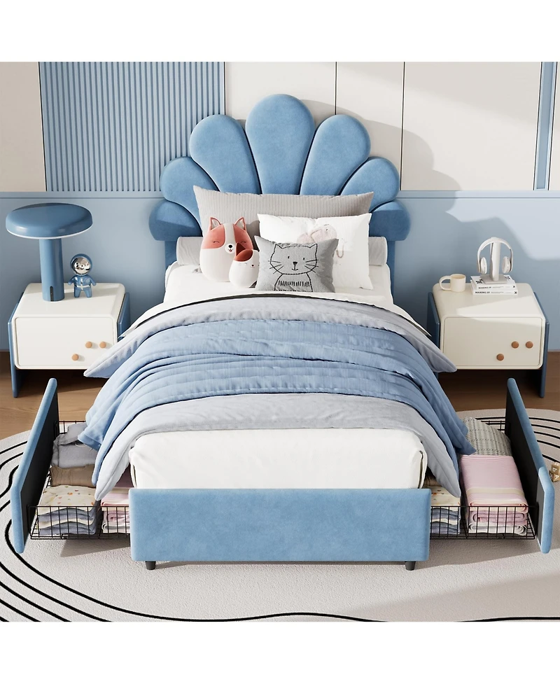 homfan Twin Size Velvet Platform Bed Frame with 2 Storage Drawers, Upholstered Headboard, Wood Slats Support, No Box Spring Needed, Easy Assembly