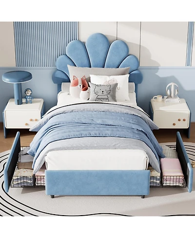 homfan Twin Size Velvet Platform Bed Frame with 2 Storage Drawers, Upholstered Headboard, Wood Slats Support, No Box Spring Needed, Easy Assembly