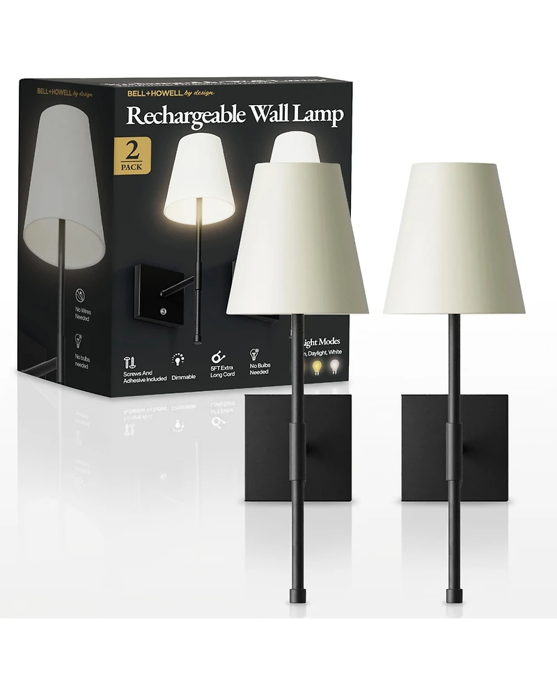 Bell + Howell Set of 2 Fabric Smooth Shade Dimmable Led Rechargeable Cordless Touch Control Lights Wall Sconces