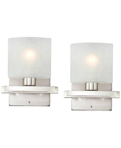 Possini Euro Design Modern Wall Light Sconces Set of 2 Brushed Nickel Hardwired 8 1/2" Fixture White Linen Glass Shade for Bedroom