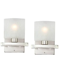 Possini Euro Design Modern Wall Light Sconces Set of 2 Brushed Nickel Hardwired 8 1/2" Fixture White Linen Glass Shade for Bedroom