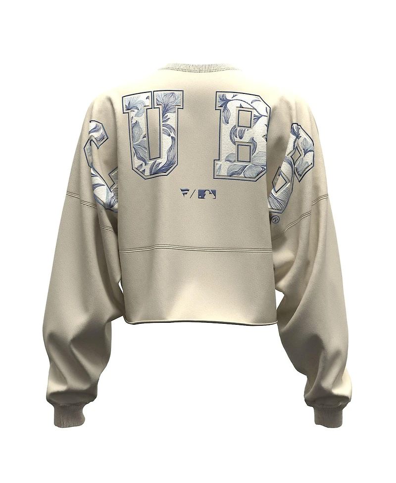 Fanatics Women's Light Beige Chicago Cubs Spirit Floral Script Cropped Long-Sleeve T-Shirt