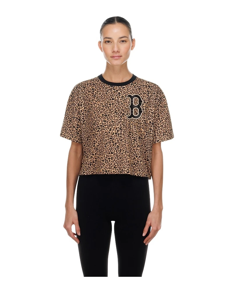 New Era Women's Brown Boston Red Sox Leopard Boxy Cropped T-Shirt