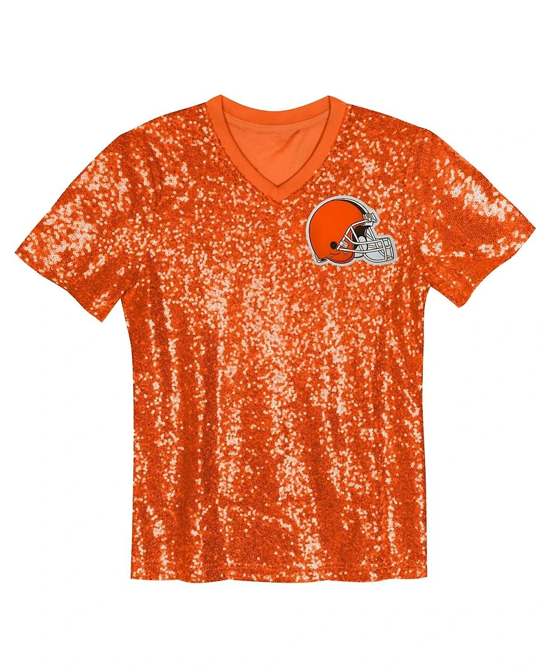 Outerstuff Big Girls Orange Cleveland Browns Wordmark Sequin V-Neck Top