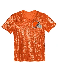 Outerstuff Big Girls Orange Cleveland Browns Wordmark Sequin V-Neck Top